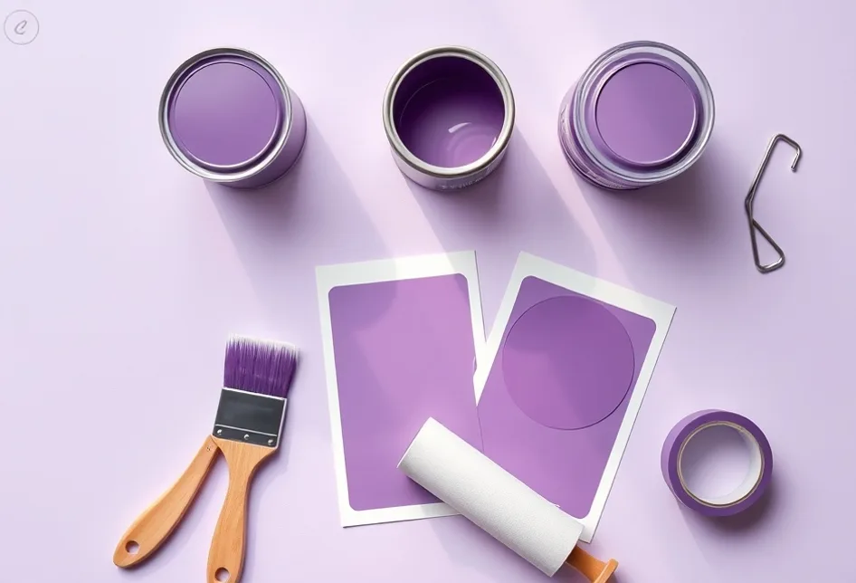 Pots de peinture, nuancier, brosses et rouleaux disposés à plat