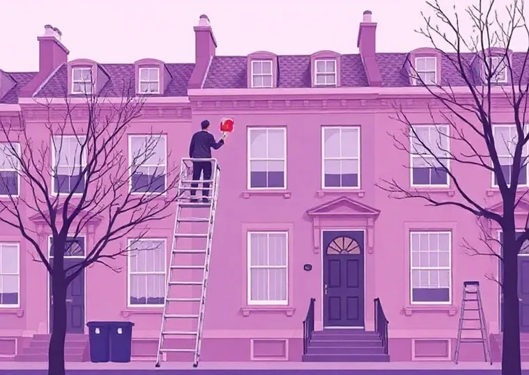 Peintre sur échafaudage traitant la façade d'une maison